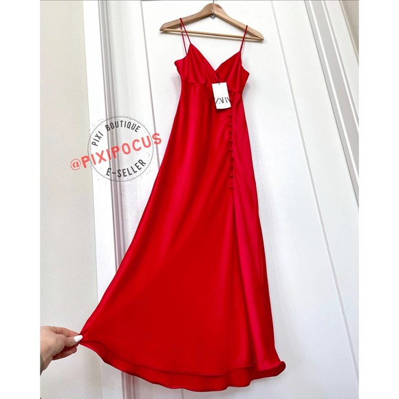 ZARA SATIN BUTTONED SLIP DRESS RED - Picture 14 of 15